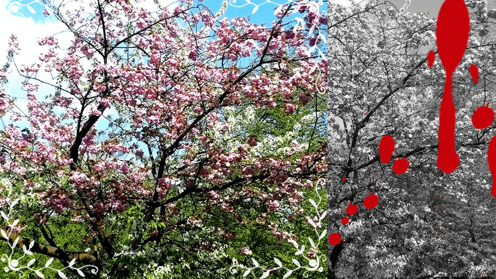 Baum mit Blüten geht über in Baum mit Blut