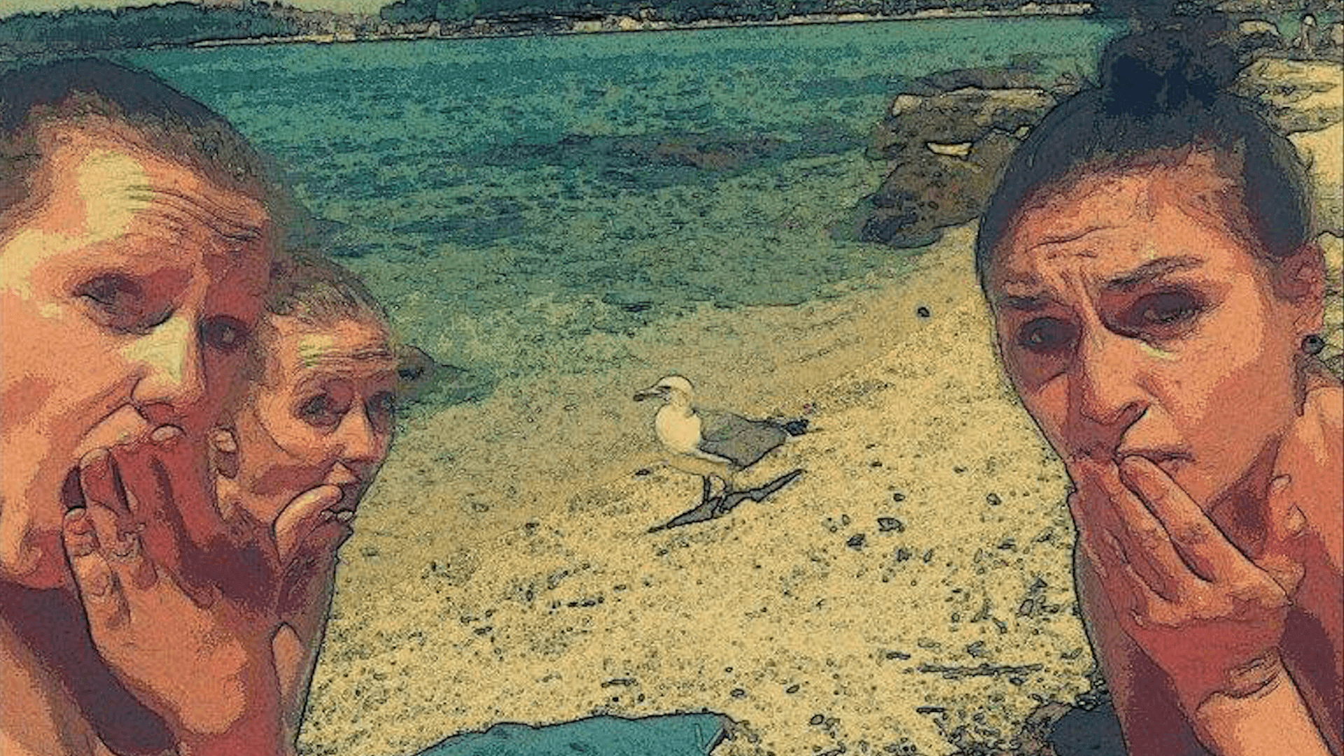 drei Mädchen und eine Möwe am Strand